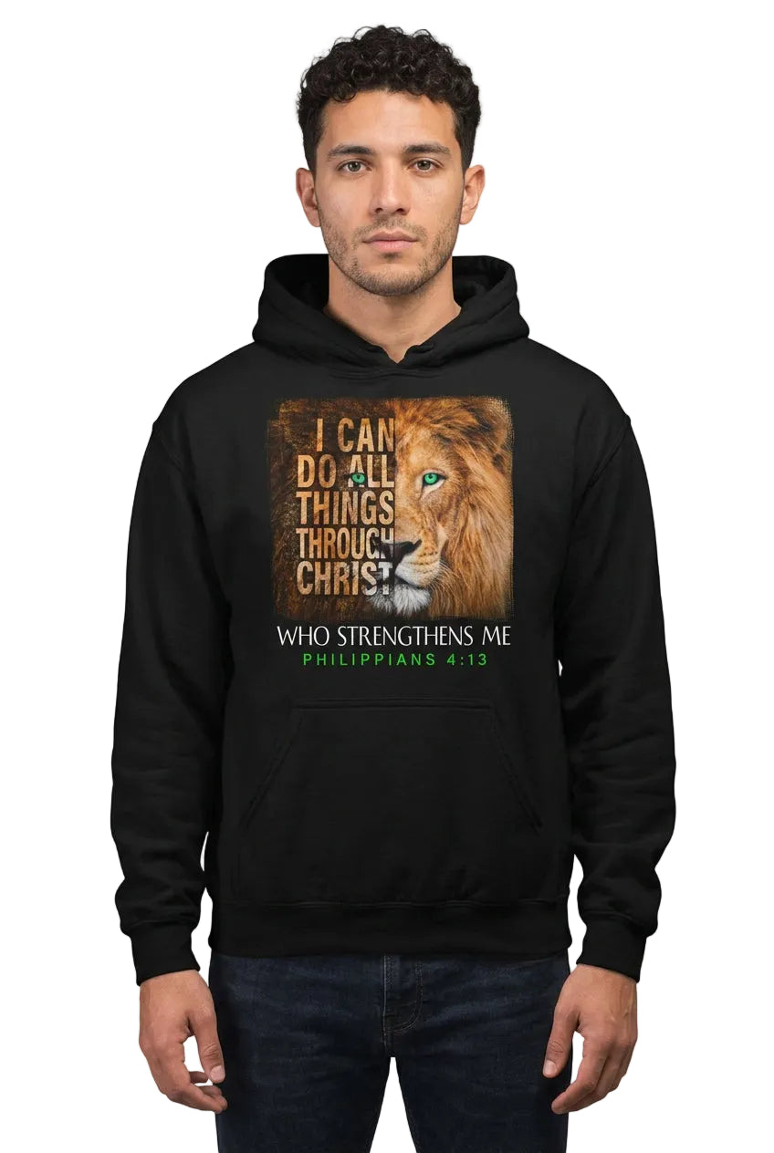 Model wearing a black hoodie with golden lion artwork and Philippians 4:13 lettering.