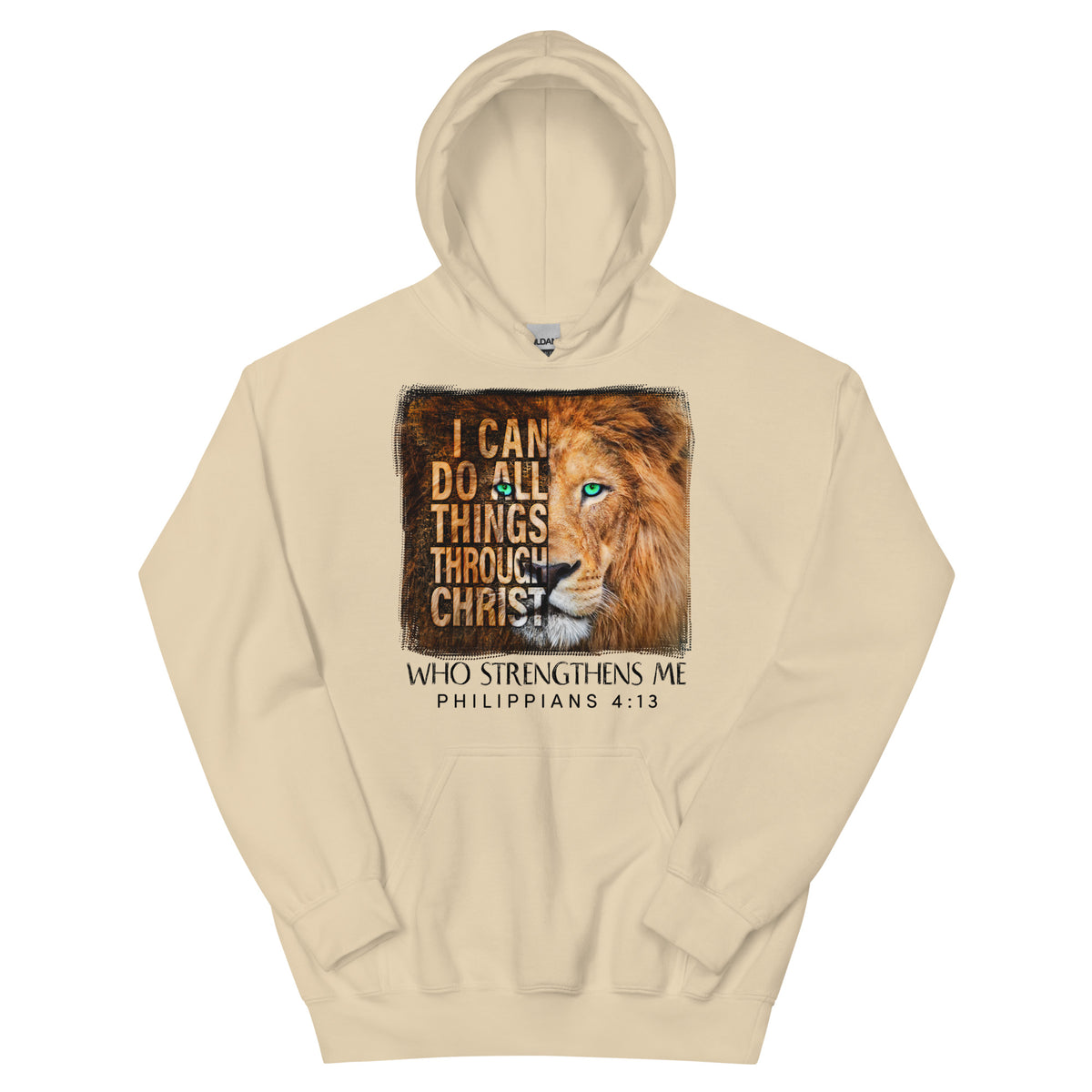 Sand hoodie laid flat with hood extended, featuring golden lion artwork and Philippians 4:13 lettering