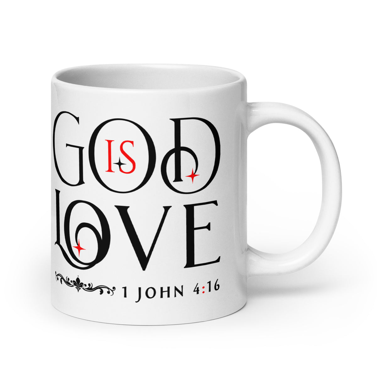 White God Is Love 1 John 4:16 20 oz mug with a wide handle on the right