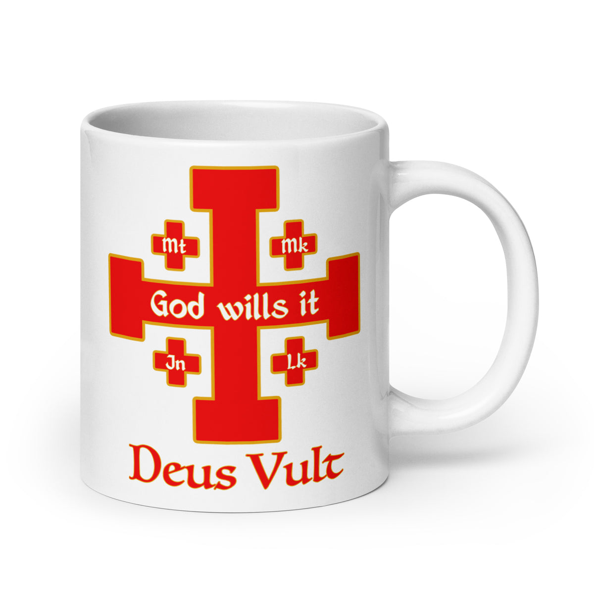 . White 20 oz God Wills It Deus Vult cross mug, handle on the right