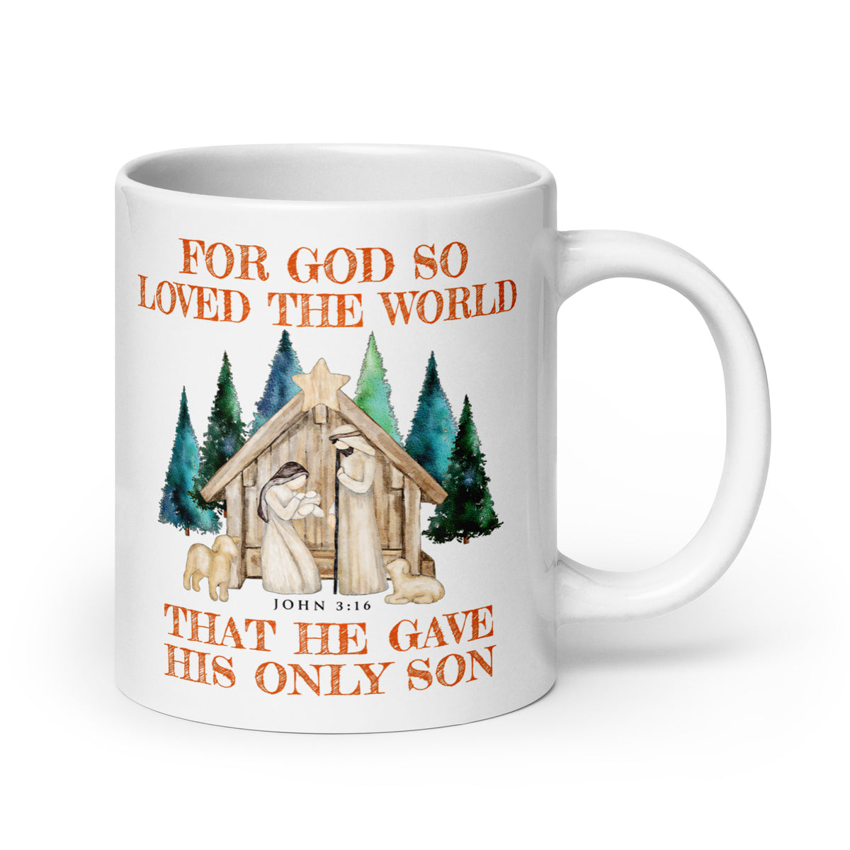 White Christmas mug with John 3:16 text, Mary, Joseph and baby Jesus beneath a star, handle on the right