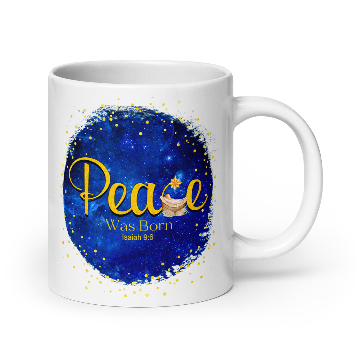 White mug displaying the Peace Was Born Isaiah 9:6 Christmas design with a manger and gold star, handle on the right