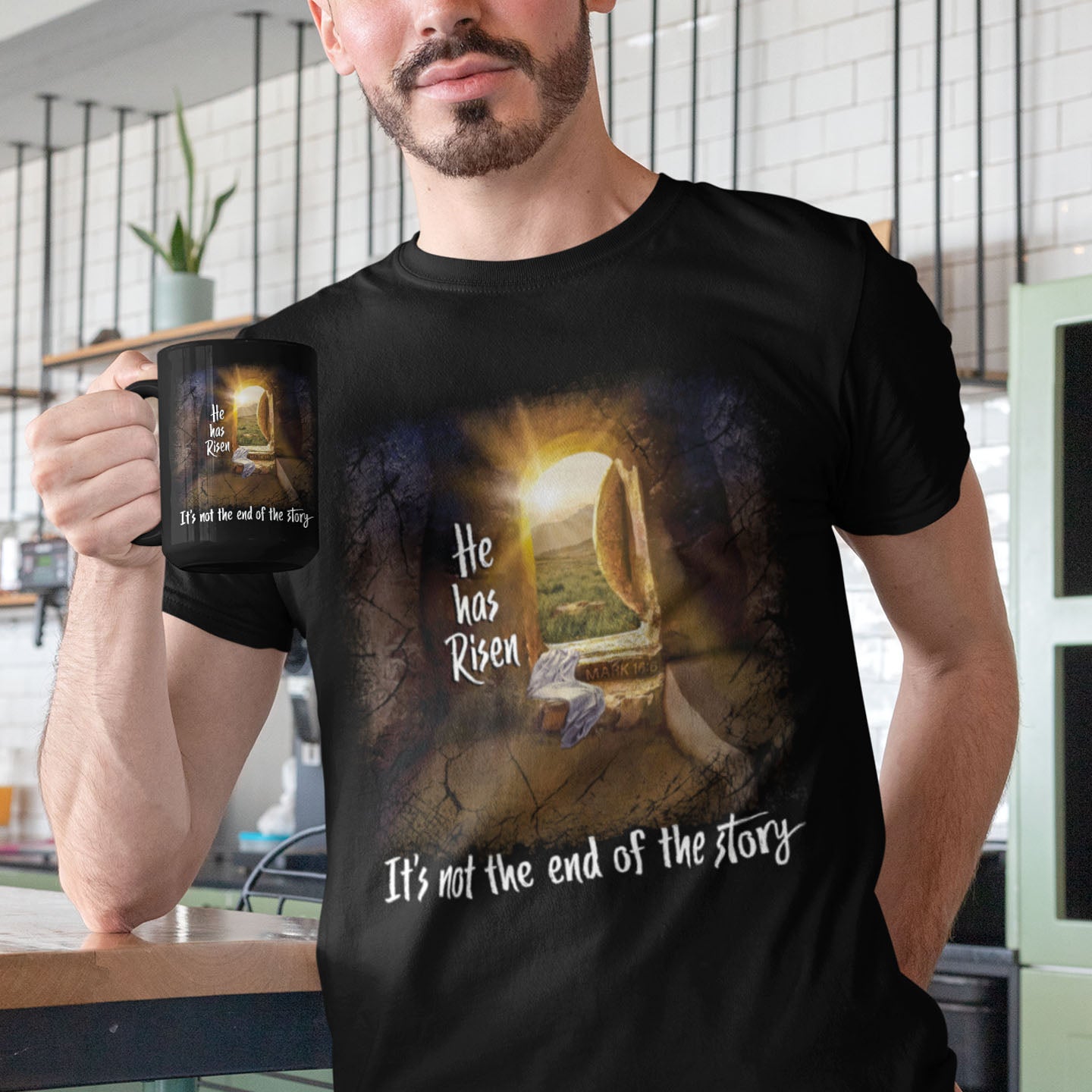 He Has Risen And It's Not The End Of The Story 15oz Black Coffee Mug