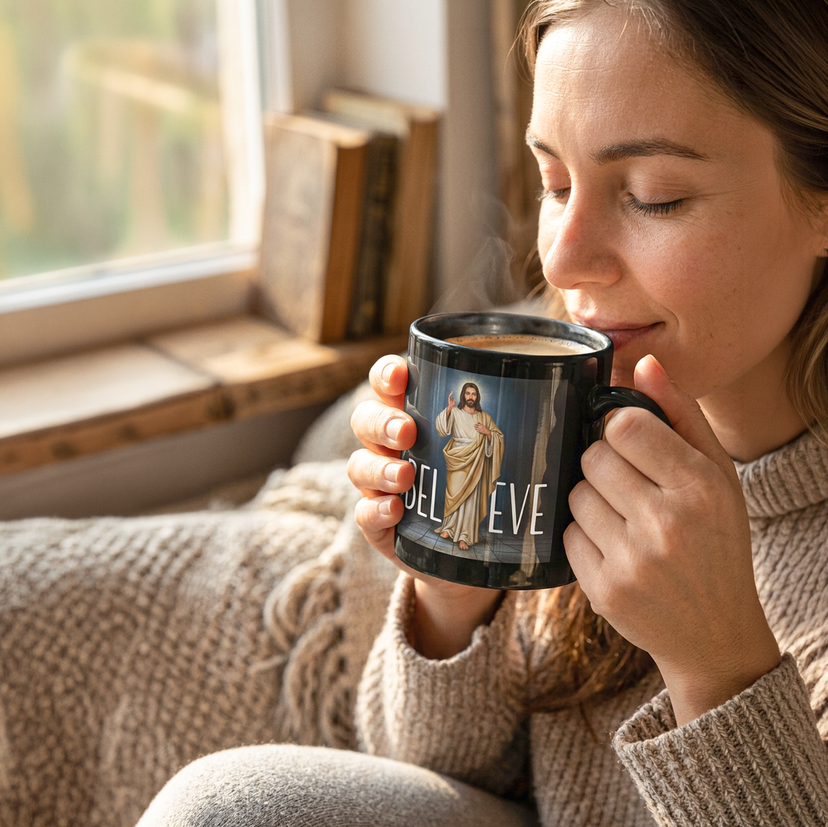Woman drinking coffee Black Believe In Jesus 11 oz mug