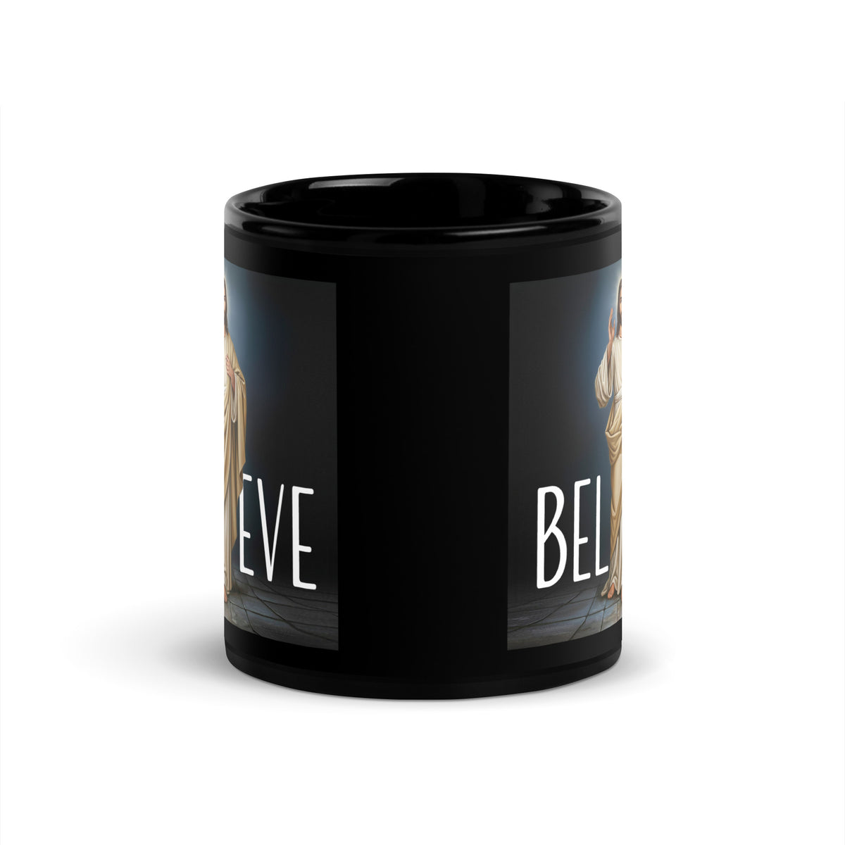 Side view of a black mug showing the repeated Believe In Jesus design