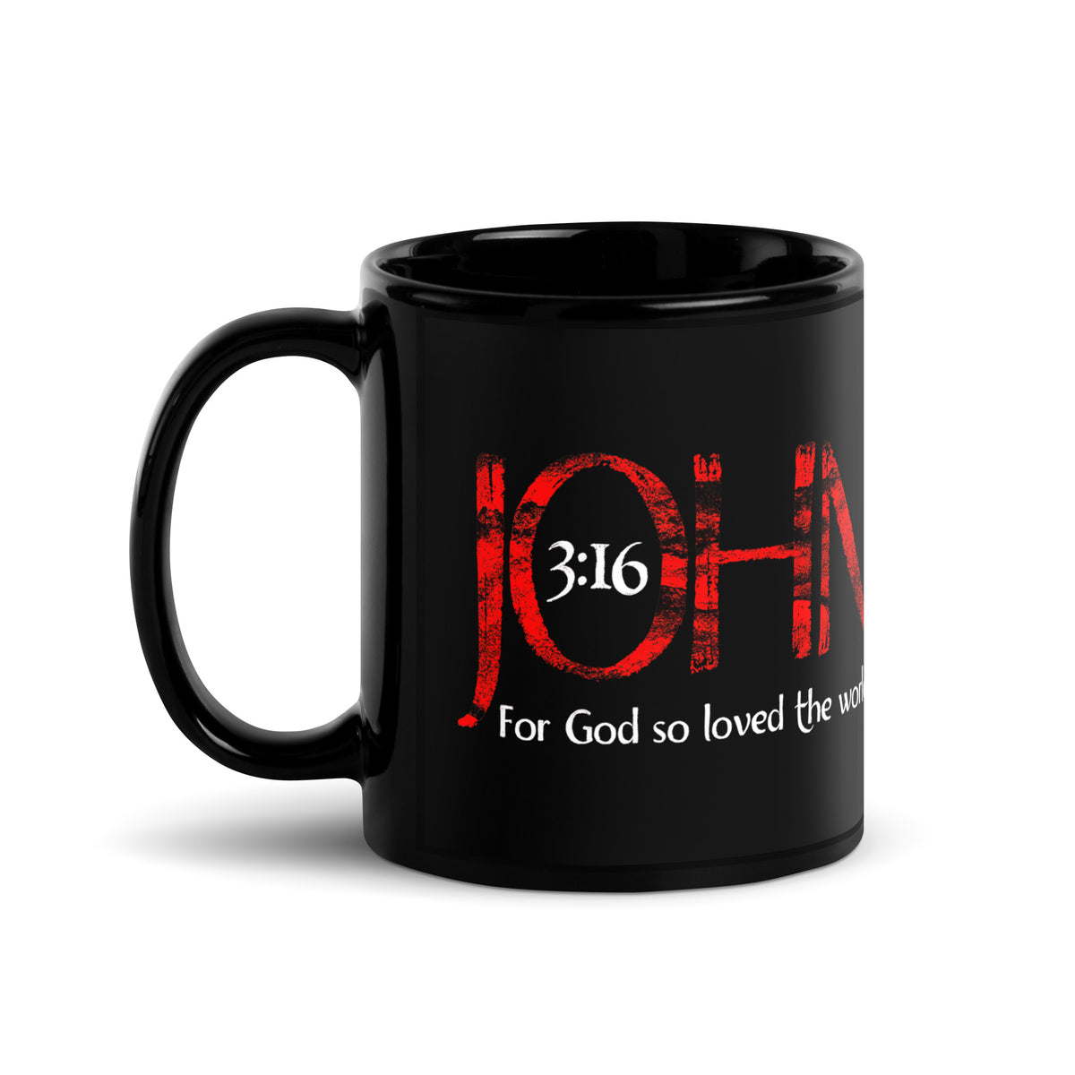 a Black 11 oz Christian mug with red and white John 3:16 design, handle on left
