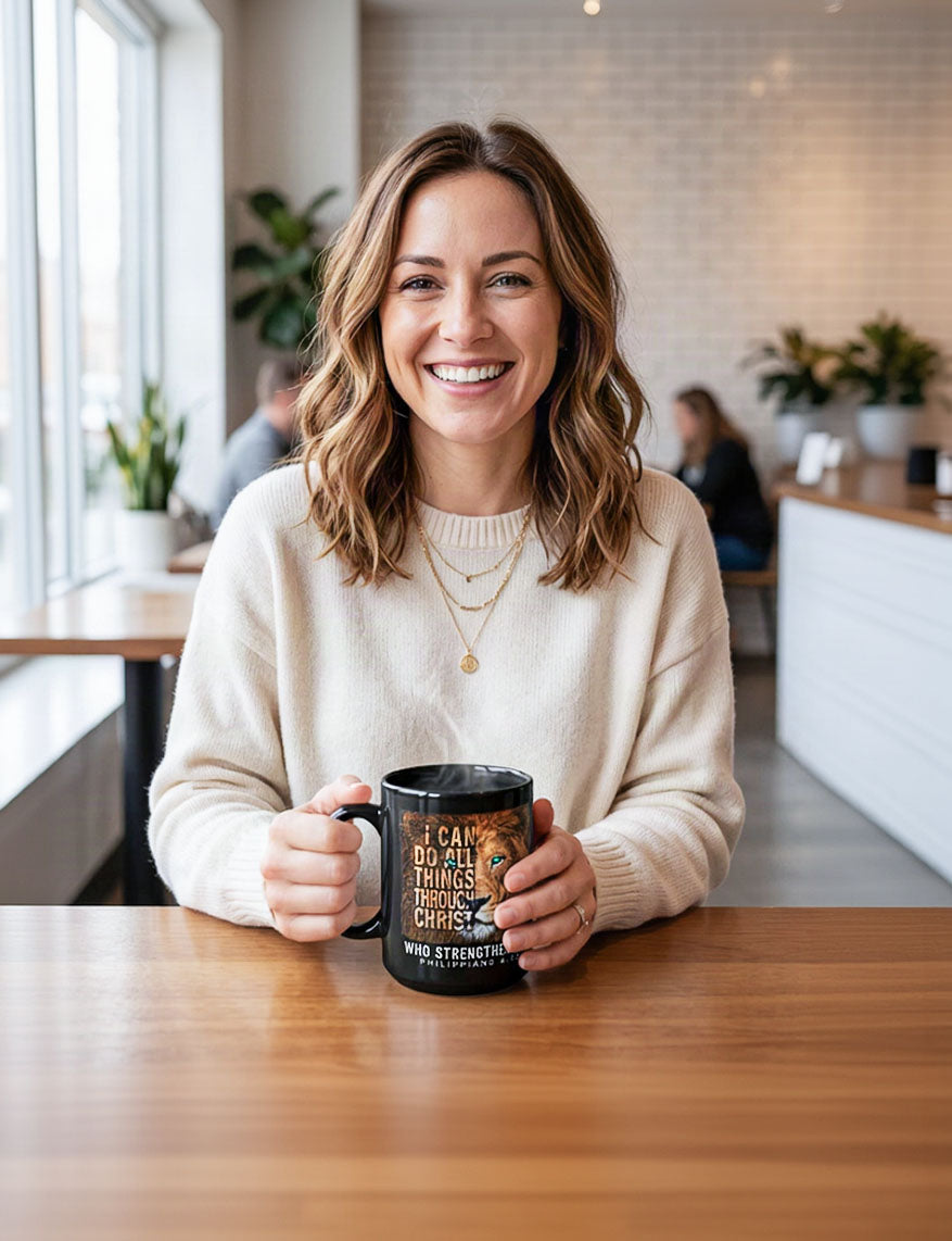 Smiling woman in a cream sweater holding a black Philippians 4:13 lion mug at a cafe table