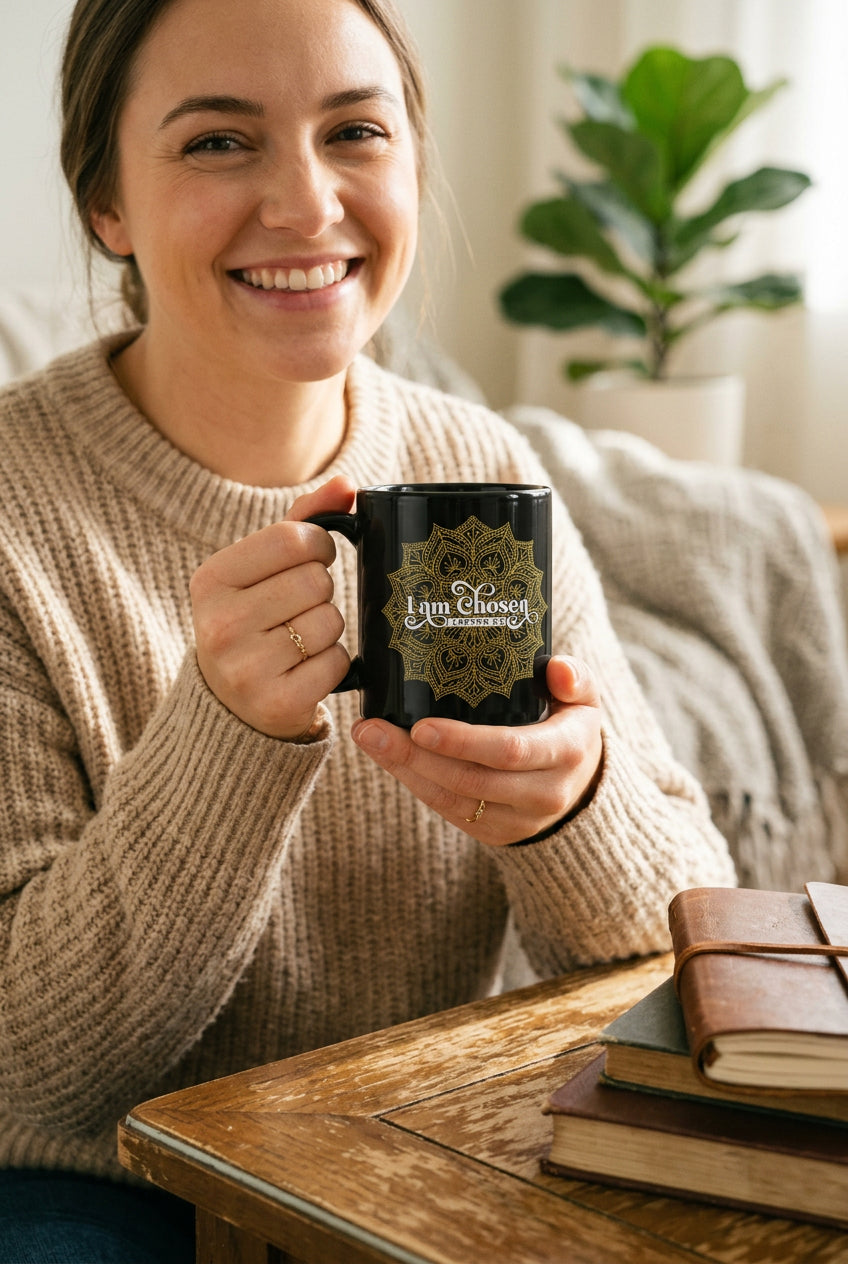 Smiling woman in a beige sweater holding a black I Am Chosen 1 Peter 2:9 mug