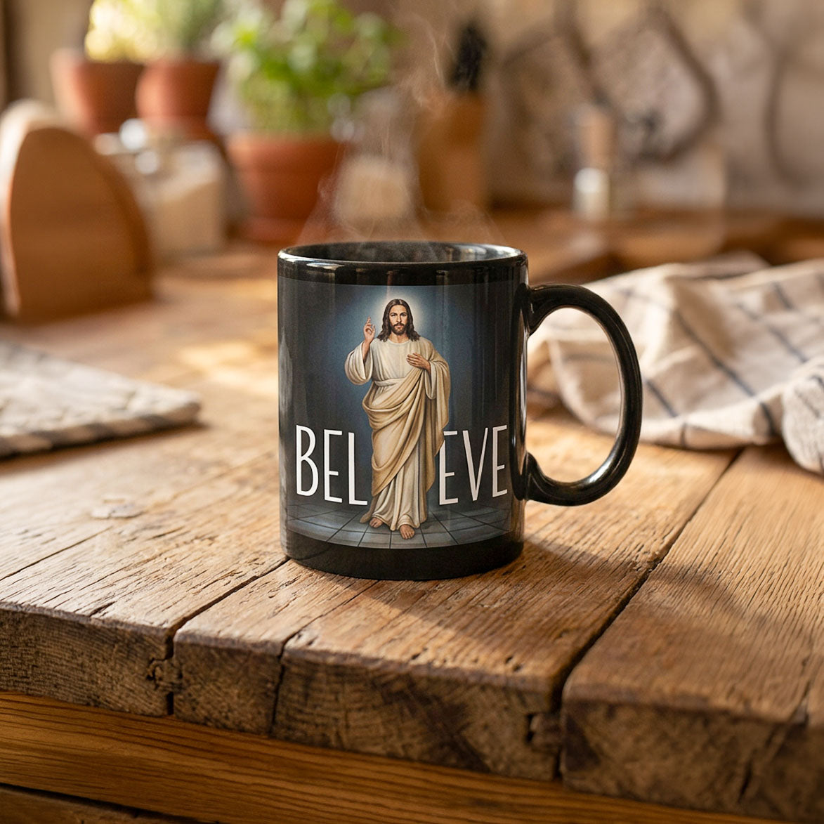 Black Believe In Jesus 11 oz mug on a wooden kitchen countertop 