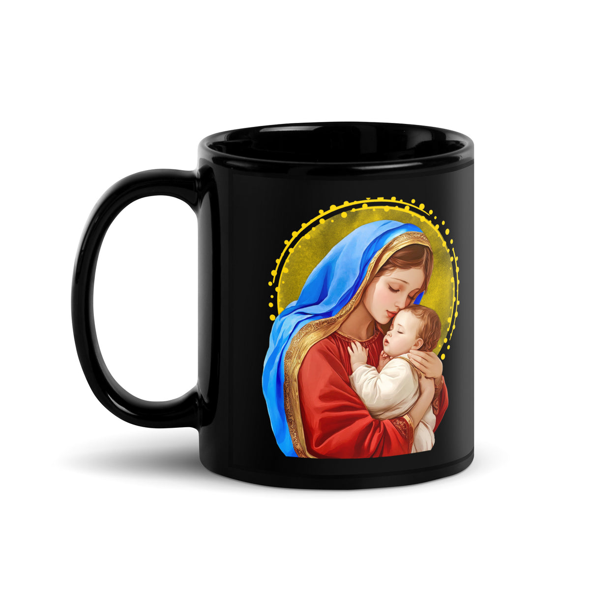 Angled view of a black mug featuring Mary embracing Jesus against a gold background, handle on the left