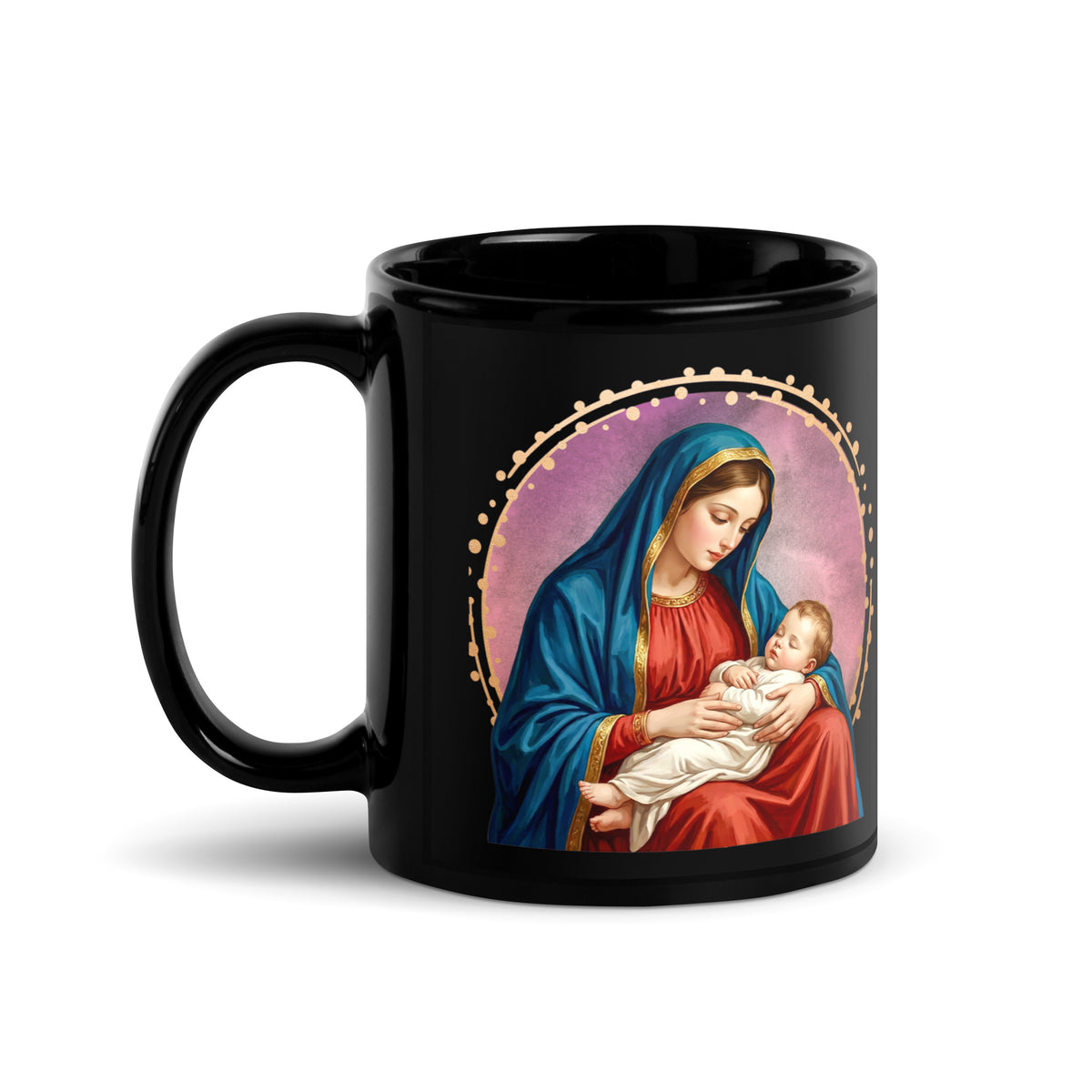 Angled view of a black mug featuring Mary holding Jesus against a pink background with a gold-toned border, handle on the left