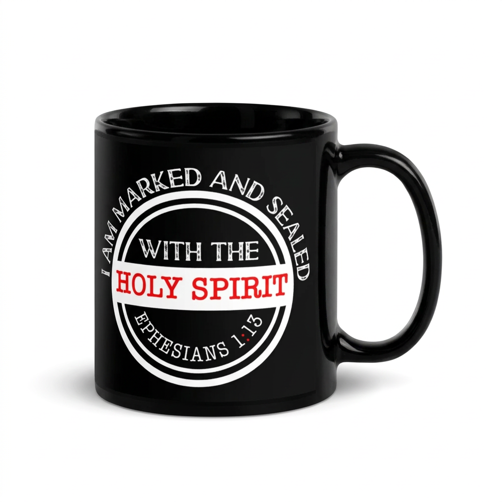 Black Christian mug with Ephesians 1:13 Marked and Sealed Holy Spirit design, handle on right