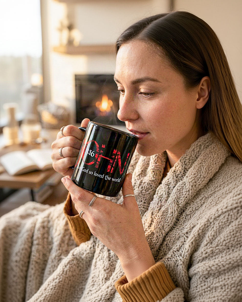 A woman holding a Black 11 oz Christian mug with red and white John 3:16 design, handle on lift