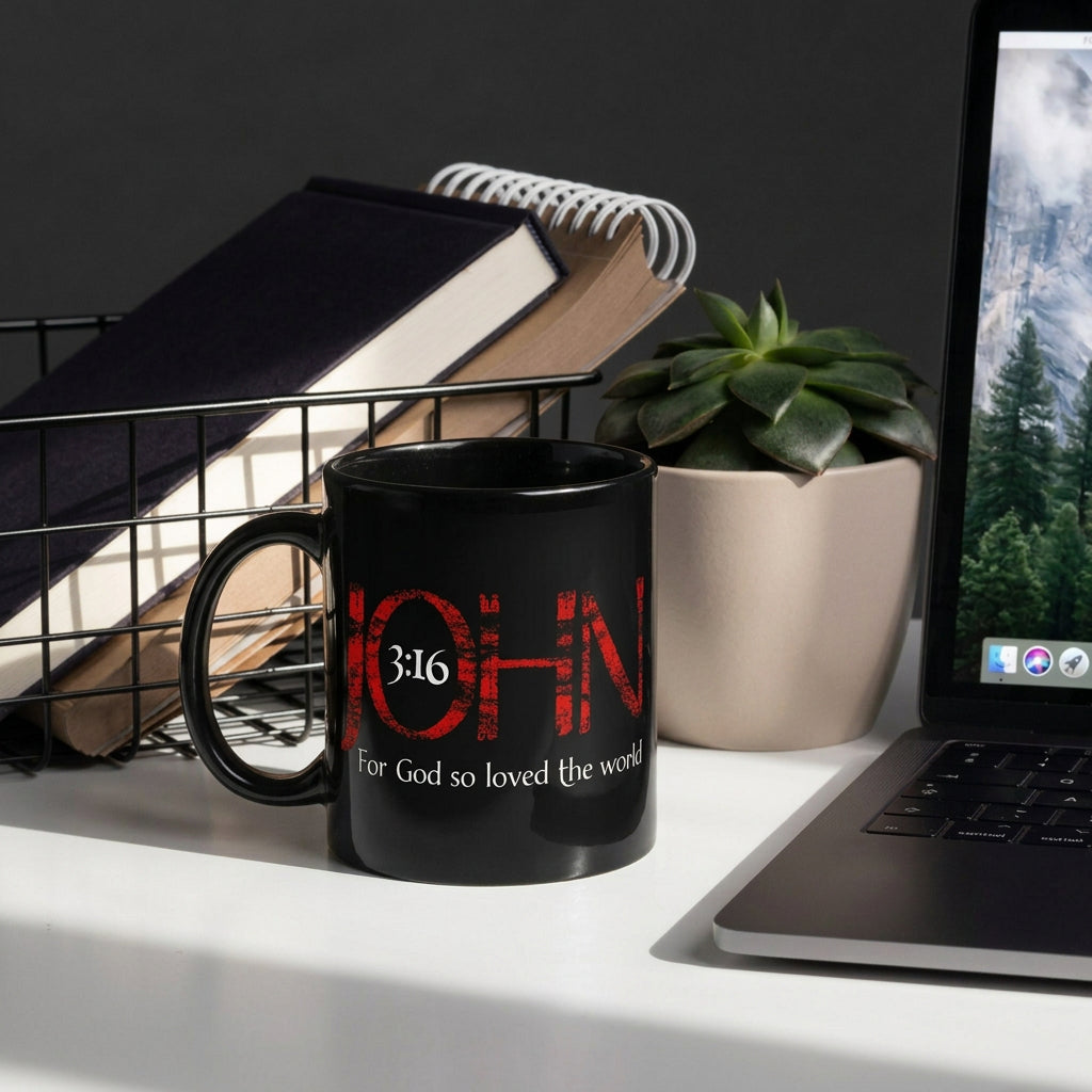 a Black 11 oz Christian mug with red and white John 3:16 design, handle on right
On top of a desk