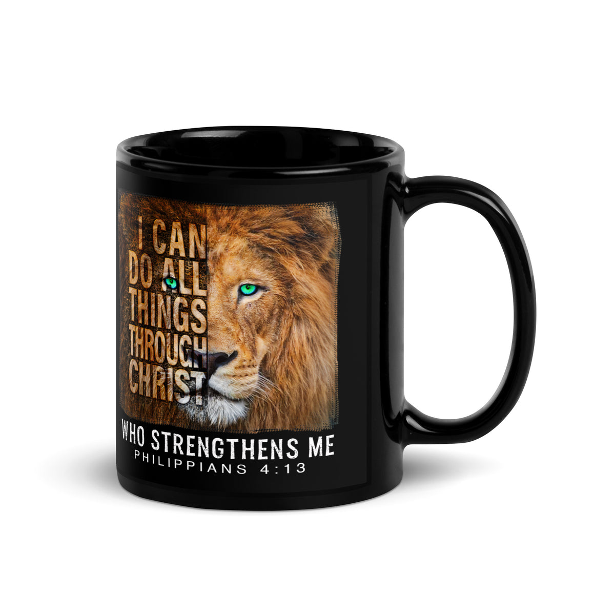 Black Christian 11 oz mug with a green-eyed lion and Philippians 4:13 message, handle on right