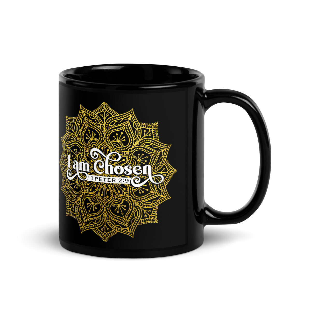 Black I Am Chosen 1 Peter 2:9 mug with gold-colored ornamental artwork, handle on right