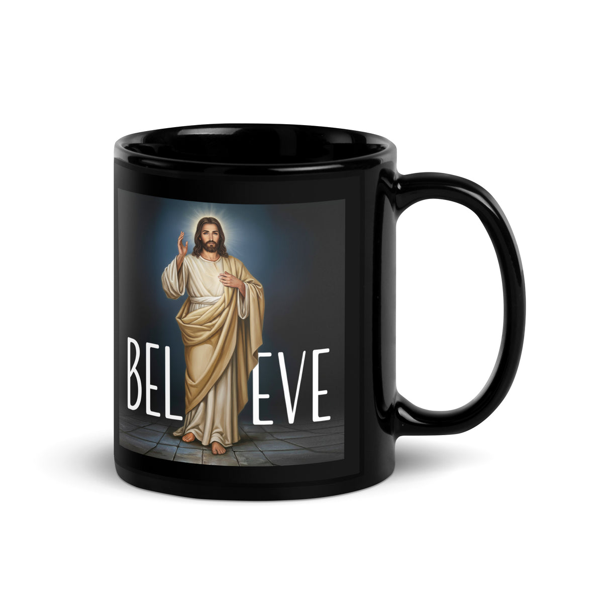Black 11 oz mug with Jesus artwork and white Believe lettering, handle on right