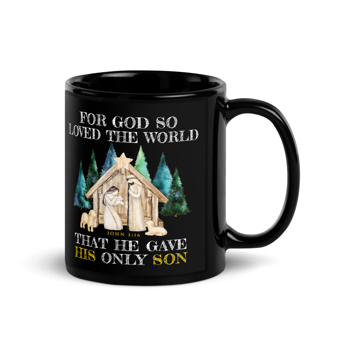 glossy black John 3:16 Christmas mug with nativity artwork and evergreen trees, handle on the right