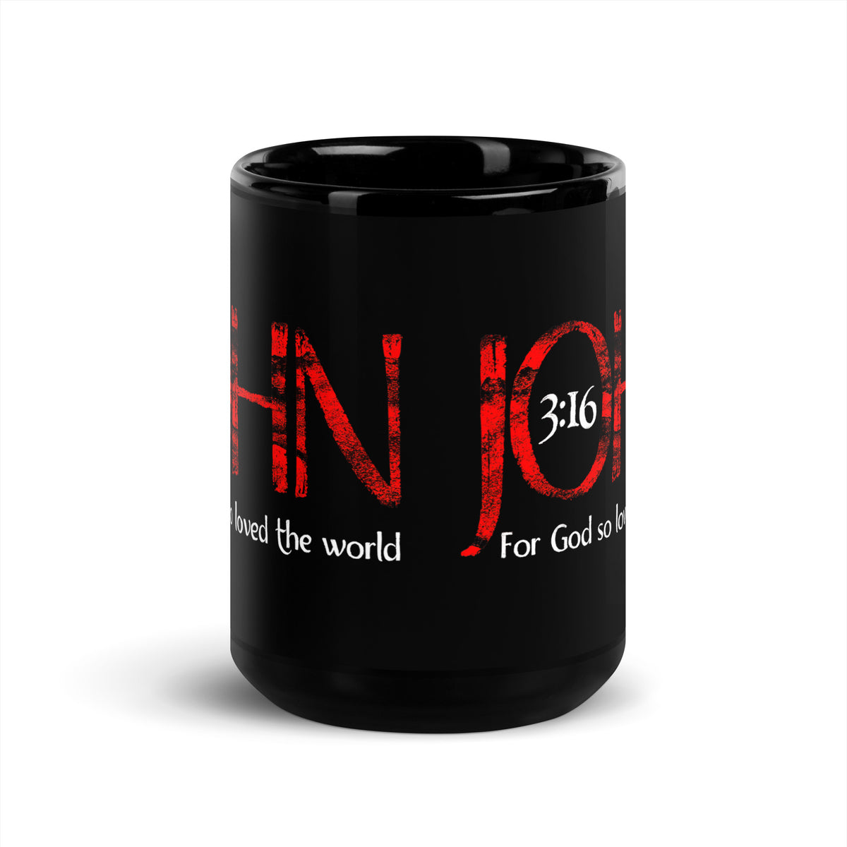 a Black 15 oz Christian mug with red and white John 3:16 design