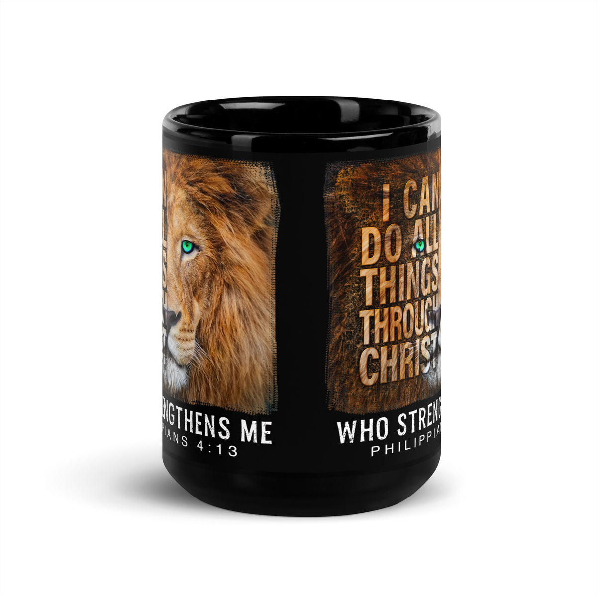 Side view of a black mug showing the repeated lion artwork and Philippians 4:13 design