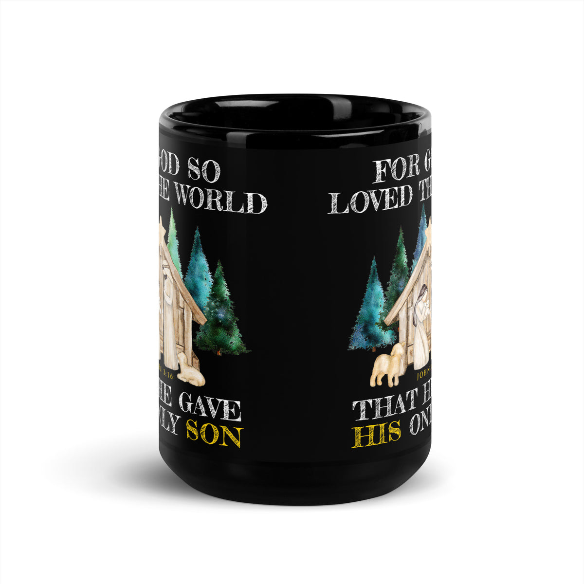 Black mug showing the gap between repeated John 3:16 nativity designs