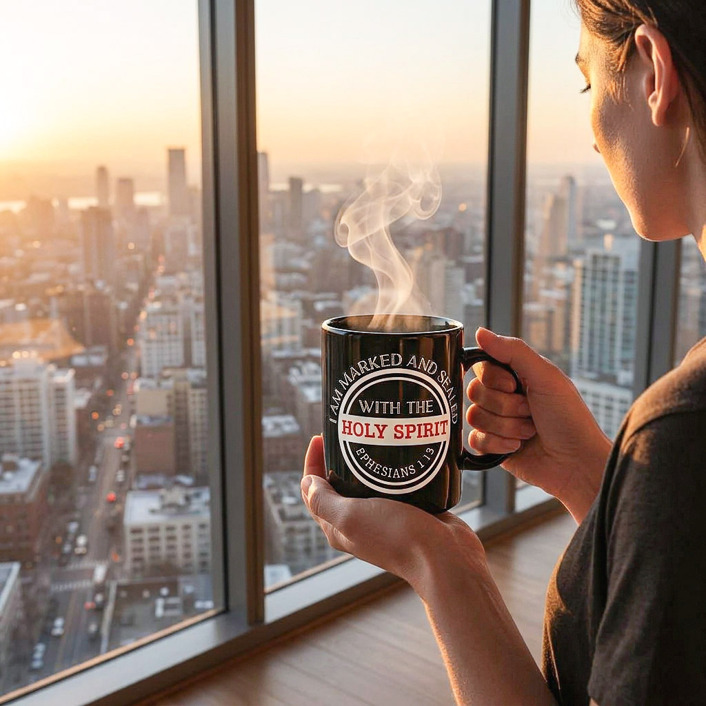 woman holding a black ceramic mug with a steaming drink, printed with the text 'BURNED AND SHOT WITH THE HOLY SPIRIT Eph. 1:13 sunset cityscape view 