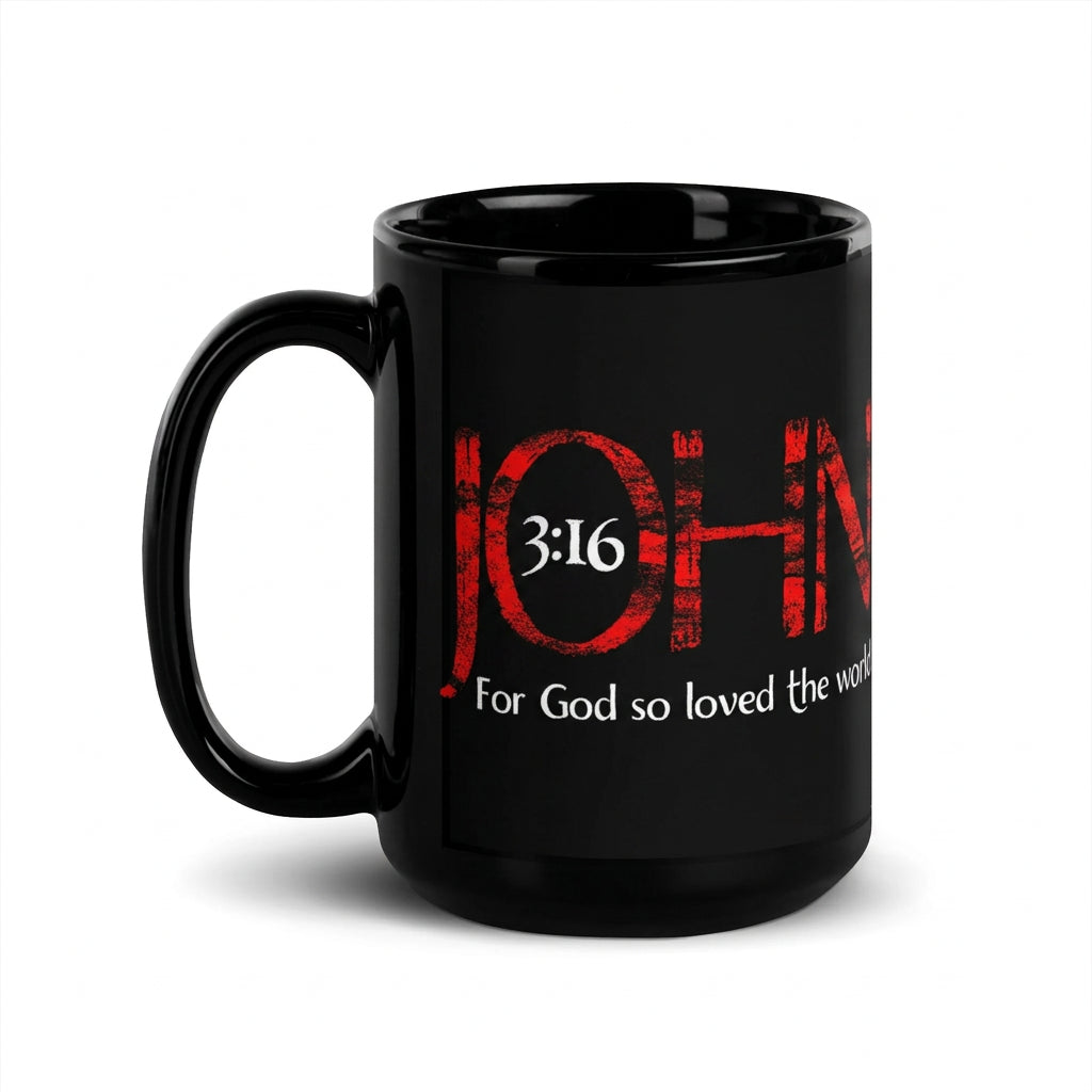 Black 15 oz Christian mug with red and white John 3:16 design, handle on left