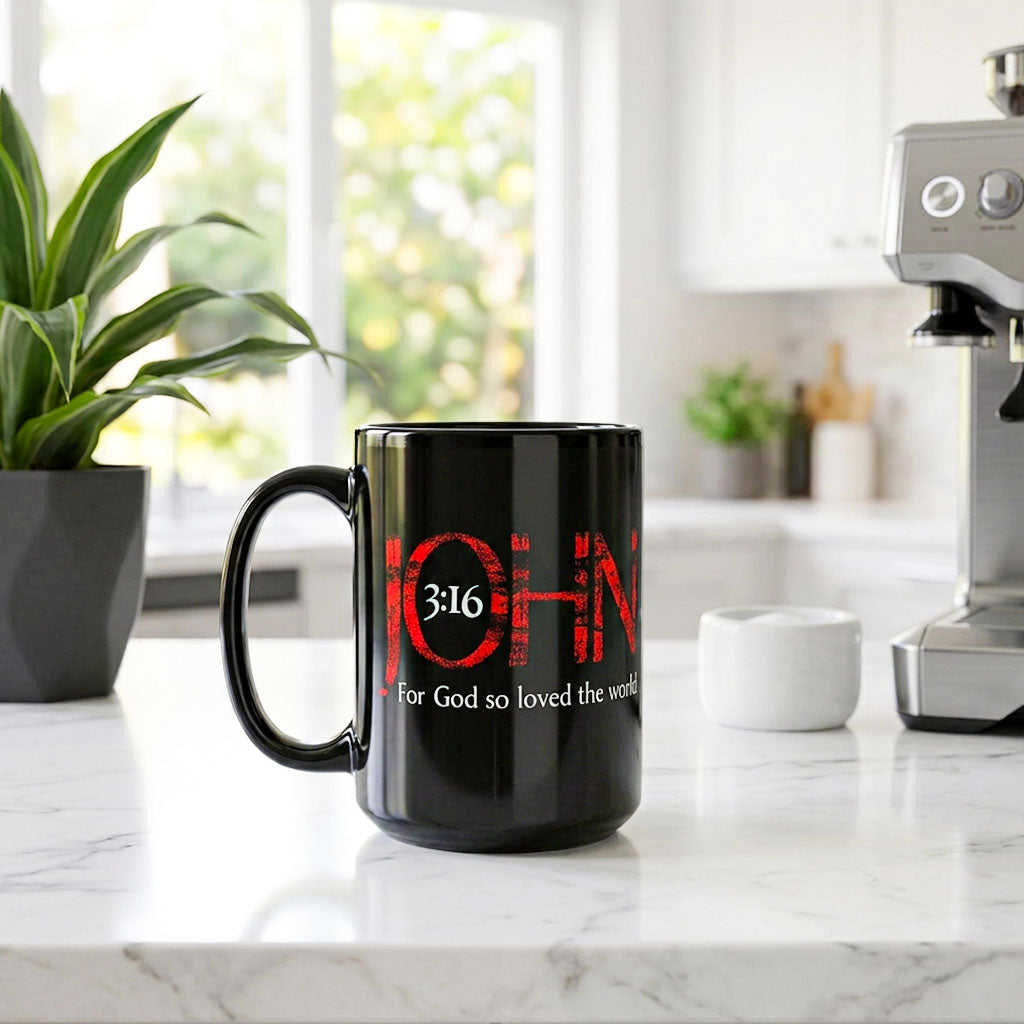 a Black 15 oz Christian mug with John 3:16 design, on top of countertop in the modern kitchen