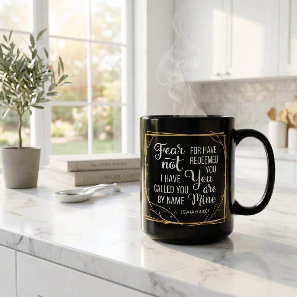Steaming black Fear Not Isaiah 43:1 mug on a bright kitchen counter, handle on right