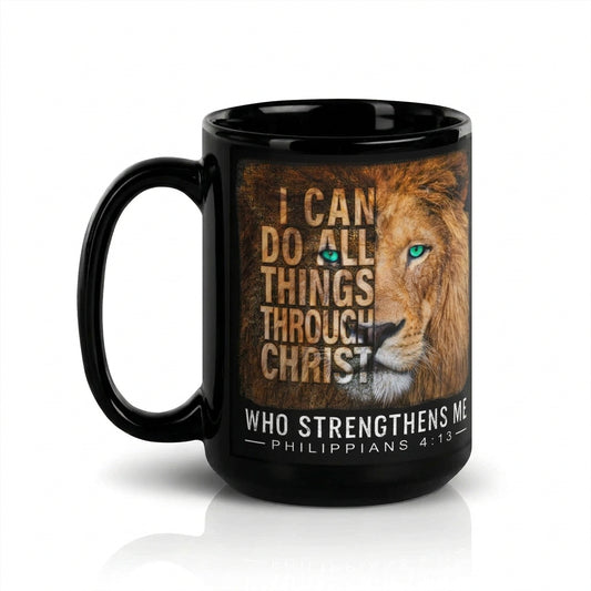Black Philippians 4:13 15 oz mug with lion artwork and I Can Do All Things Through Christ message, handle on left