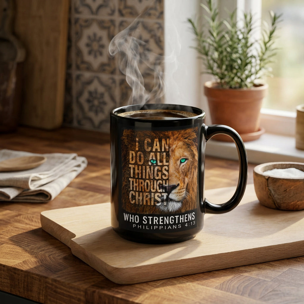 Steaming black Philippians 4:13 lion mug on a wooden board beside a kitchen window, handle on right