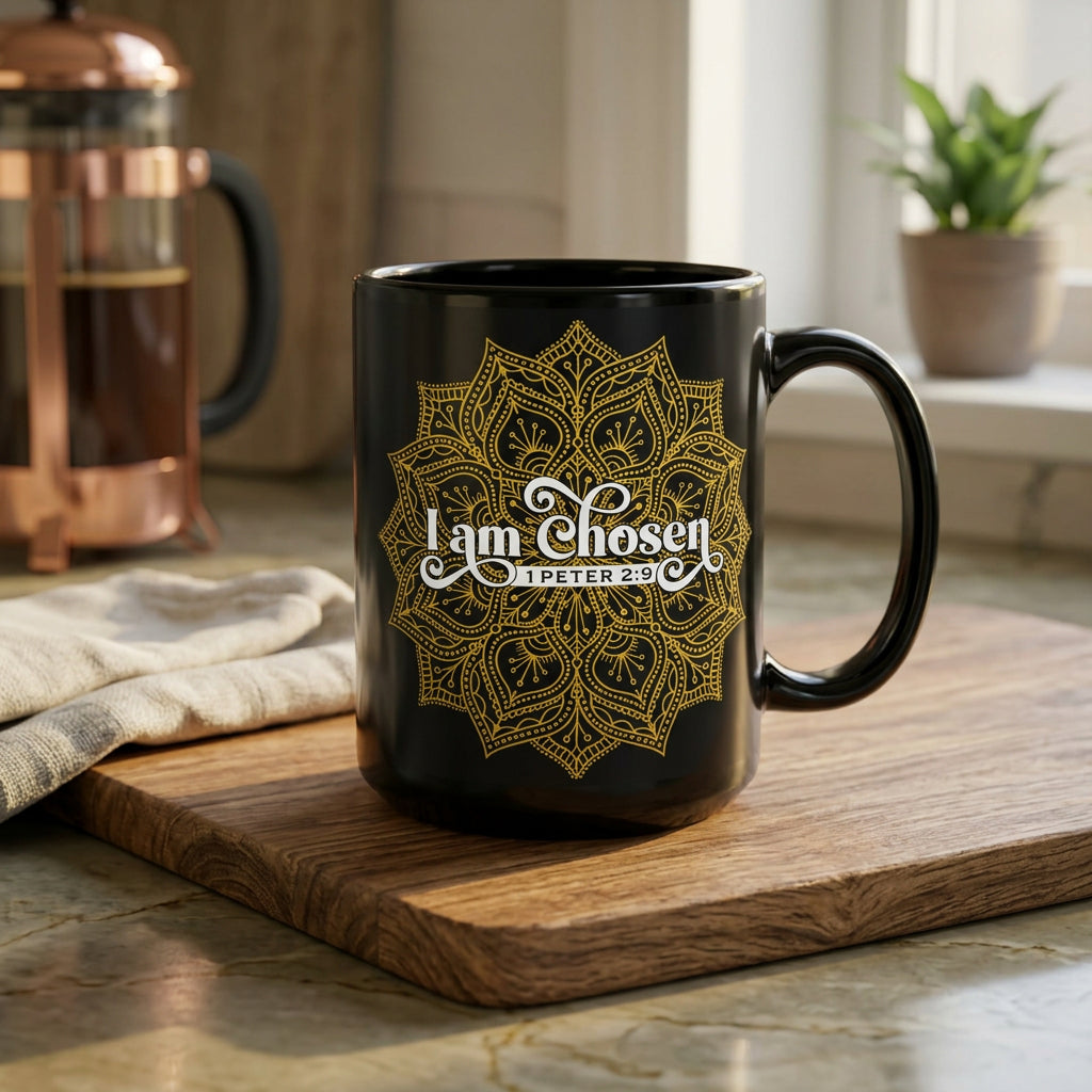 Black I Am Chosen mug on a wooden board beside a French press, handle on right