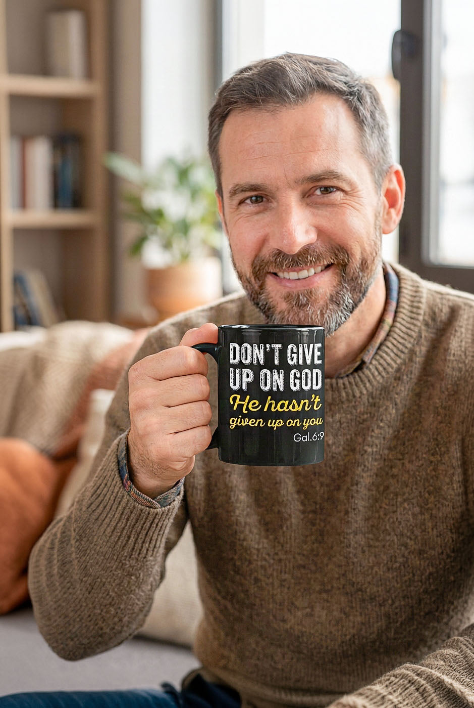 Man holding Black Galatians 6:9 15 oz mug with white and yellow encouragement lettering, handle on left