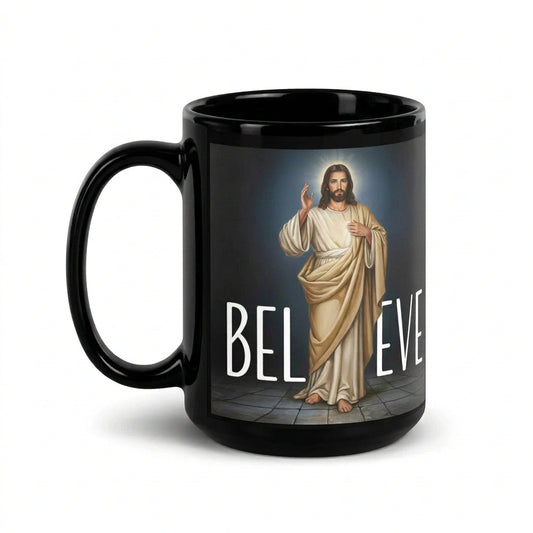 Black Believe 15 oz mug featuring artwork of Jesus in cream robes, handle on left