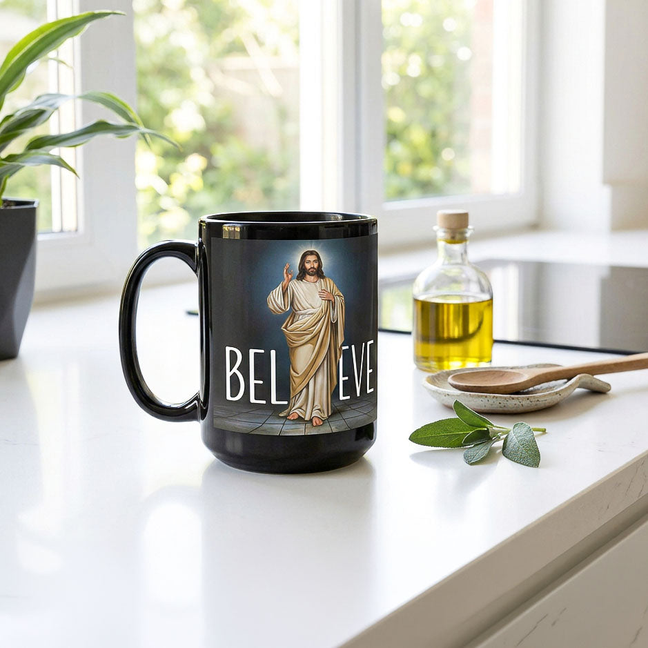 Black Believe In Jesus 11 oz mug on white kitchen countertop