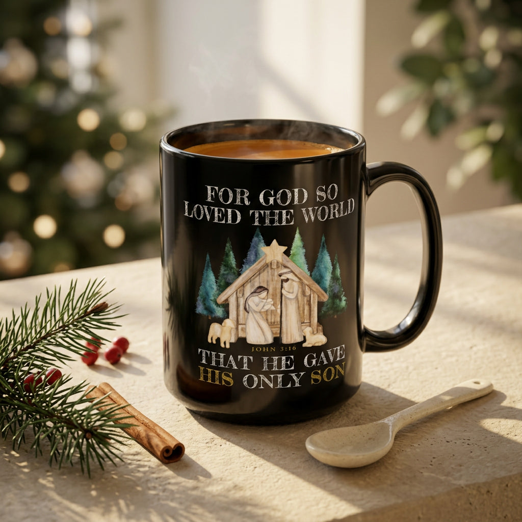 Black John 3:16 Christmas mug surrounded by red and gold ornaments, pinecones and evergreen branches, handle on the right