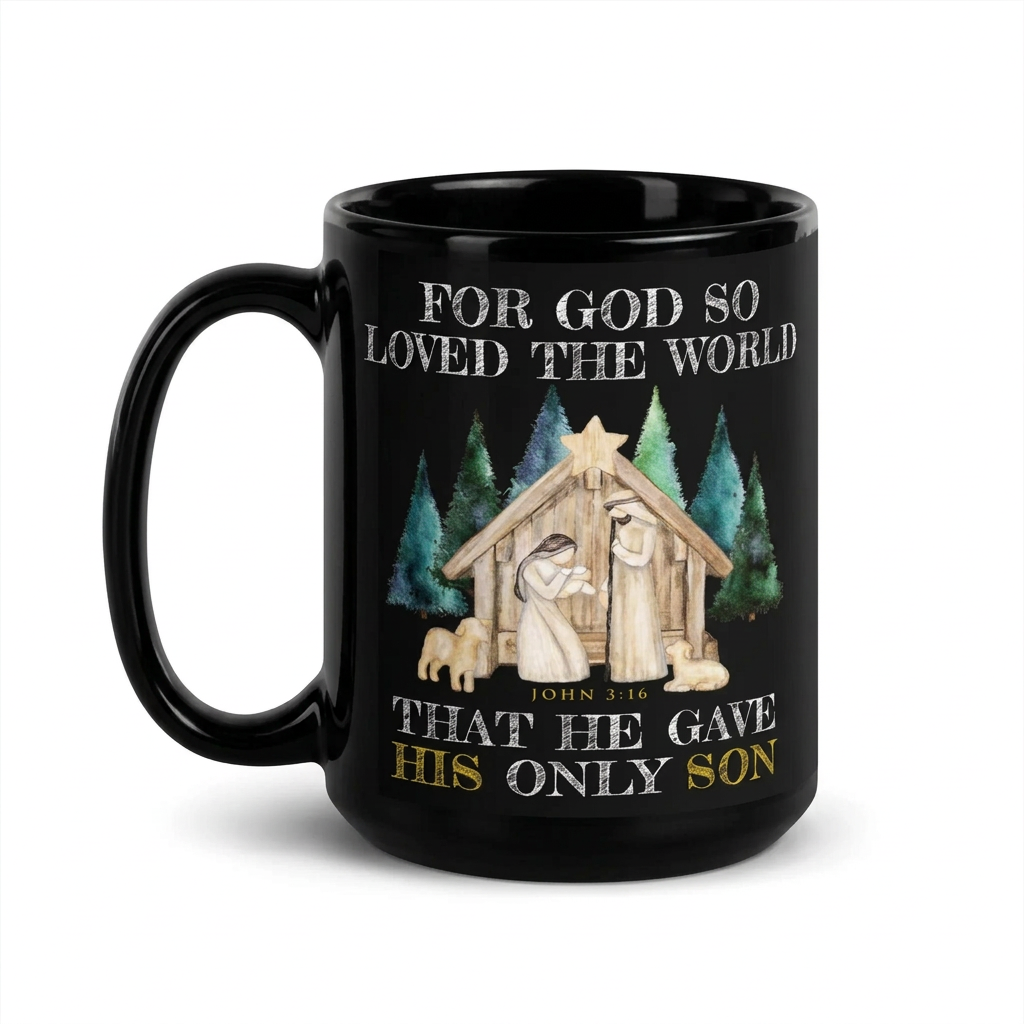 Glossy black John 3:16 Christmas mug with nativity scene, evergreen trees and white and gold lettering, handle on the left