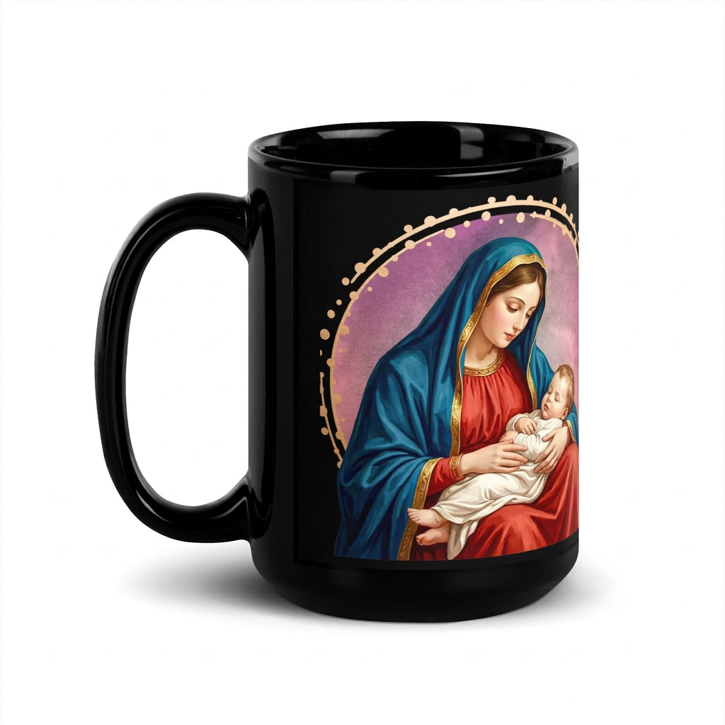Glossy black mug showing Mary cradling Jesus against a pink background with a gold-toned border, handle on the left