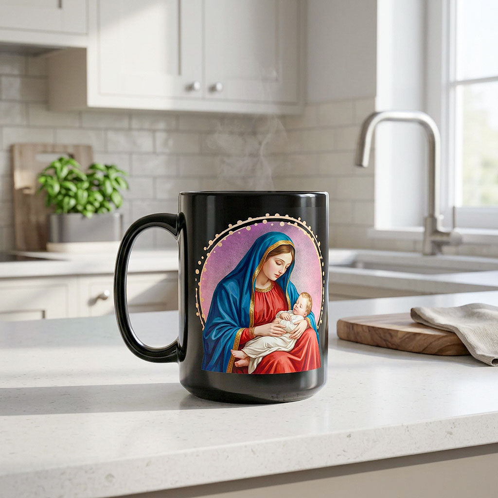 Black Mary and Jesus mug on a kitchen counter beside a wooden board and folded cloth, handle on the left