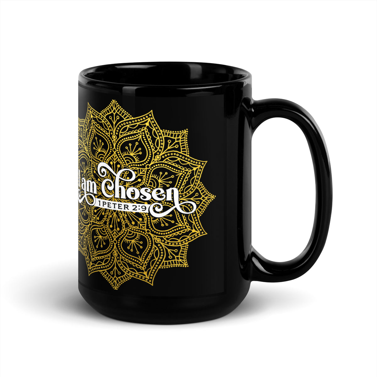 Black I Am Chosen 1 Peter 2:9 mug with gold-colored ornamental artwork, handle on right