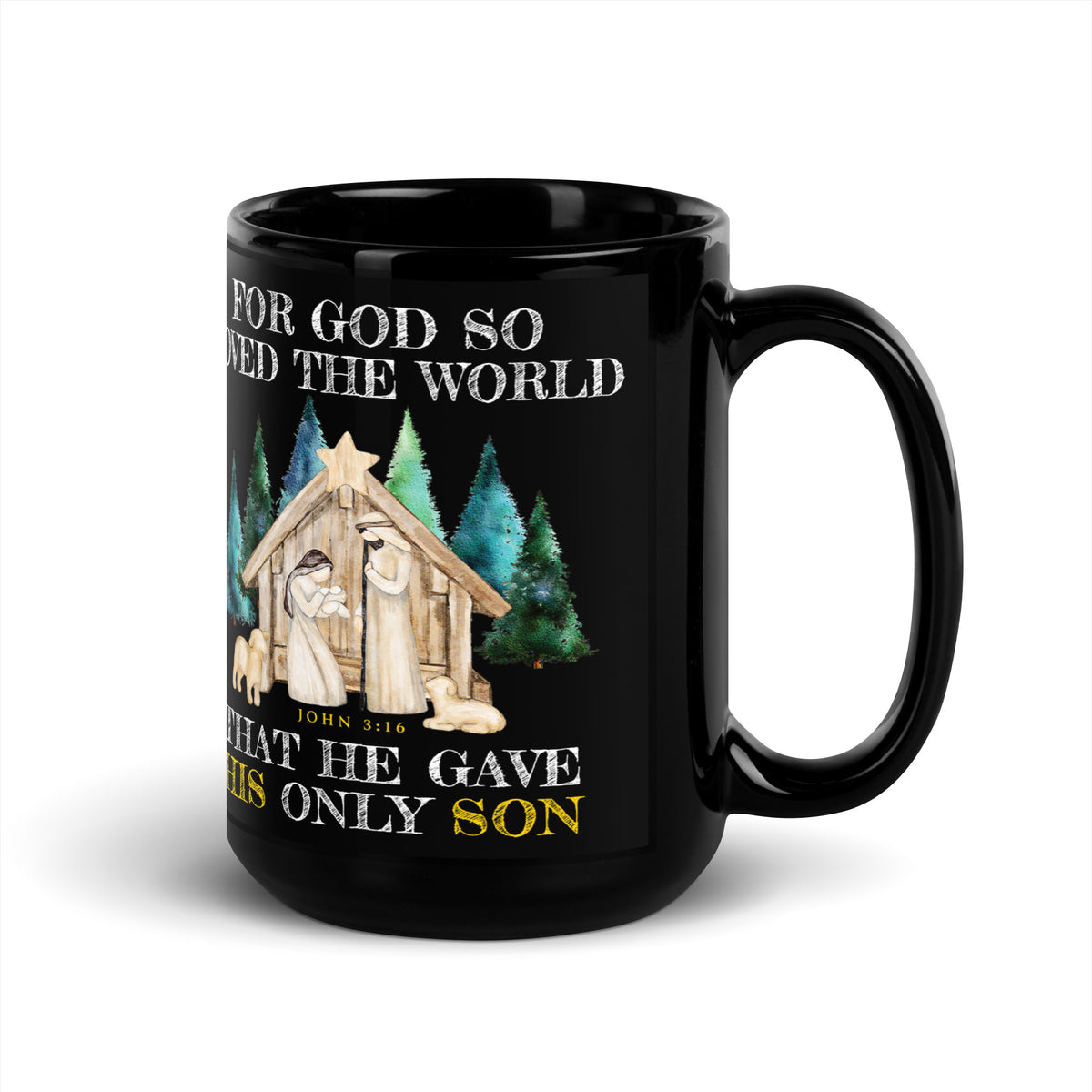 Angled glossy black John 3:16 Christmas mug with nativity artwork and evergreen trees, handle on the right