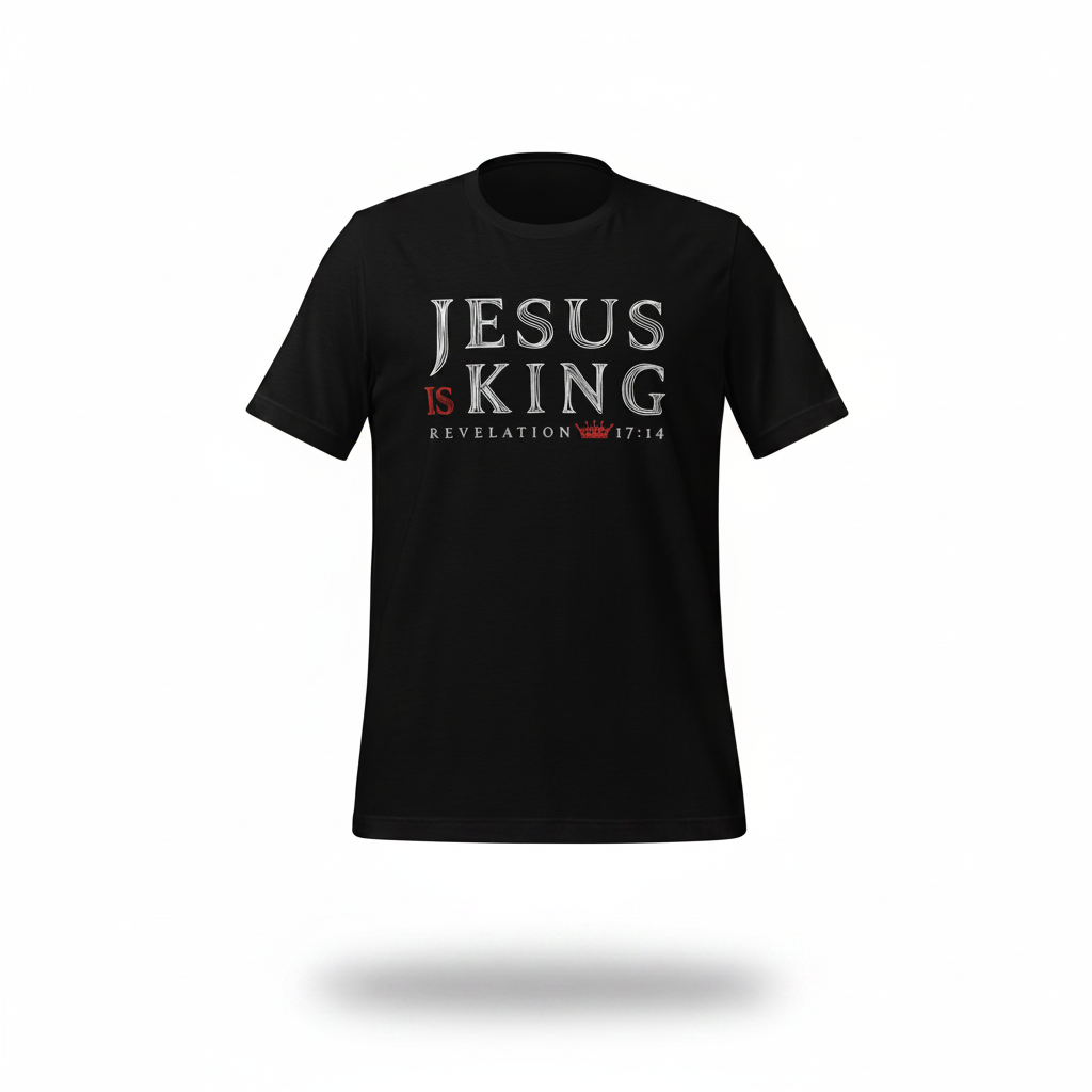 Jesus Is King Rev. 17:14 Christian T-Shirt floating on white studio background with soft natural shadow