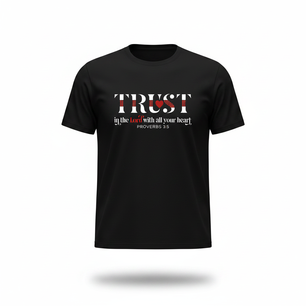 Trust In The Lord With All Your Heart Christian T-Shirt floating on white studio background with soft natural shadow