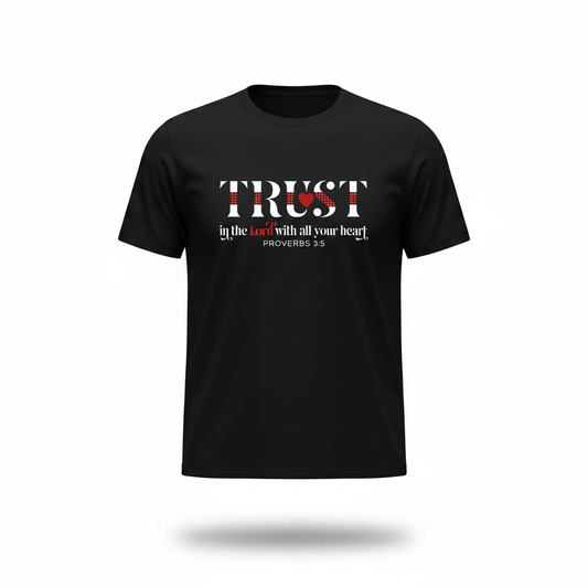 Trust In The Lord With All Your Heart Christian T-Shirt floating on white studio background with soft natural shadow