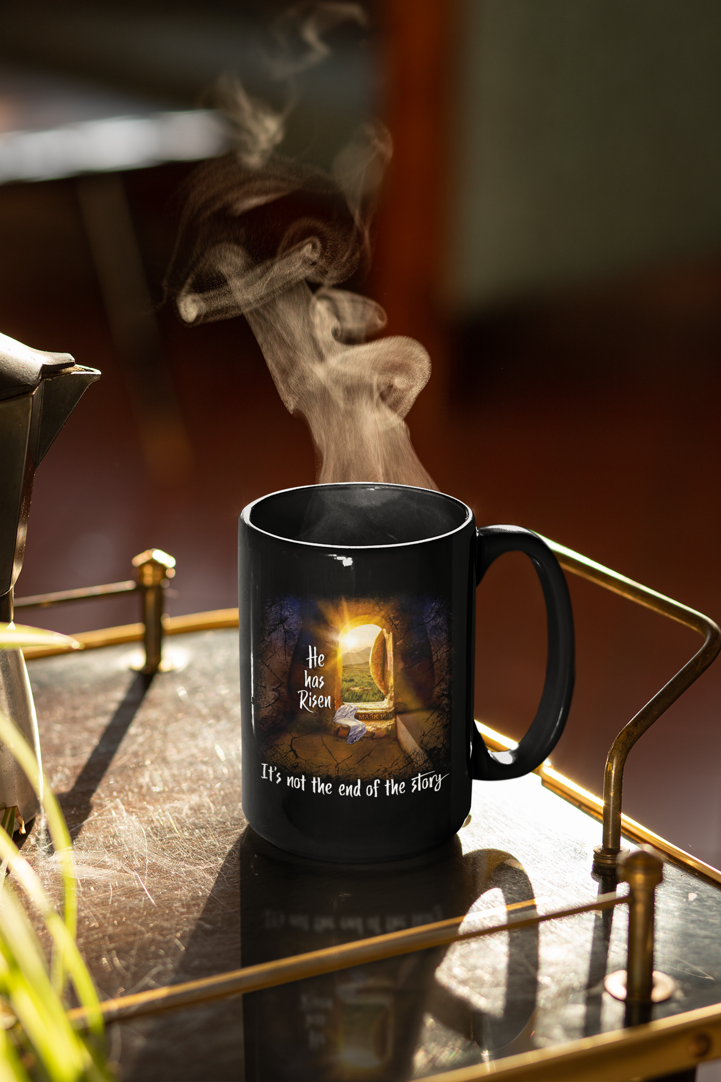 He Has Risen And It's Not The End Of The Story 15oz Black Coffee Mug