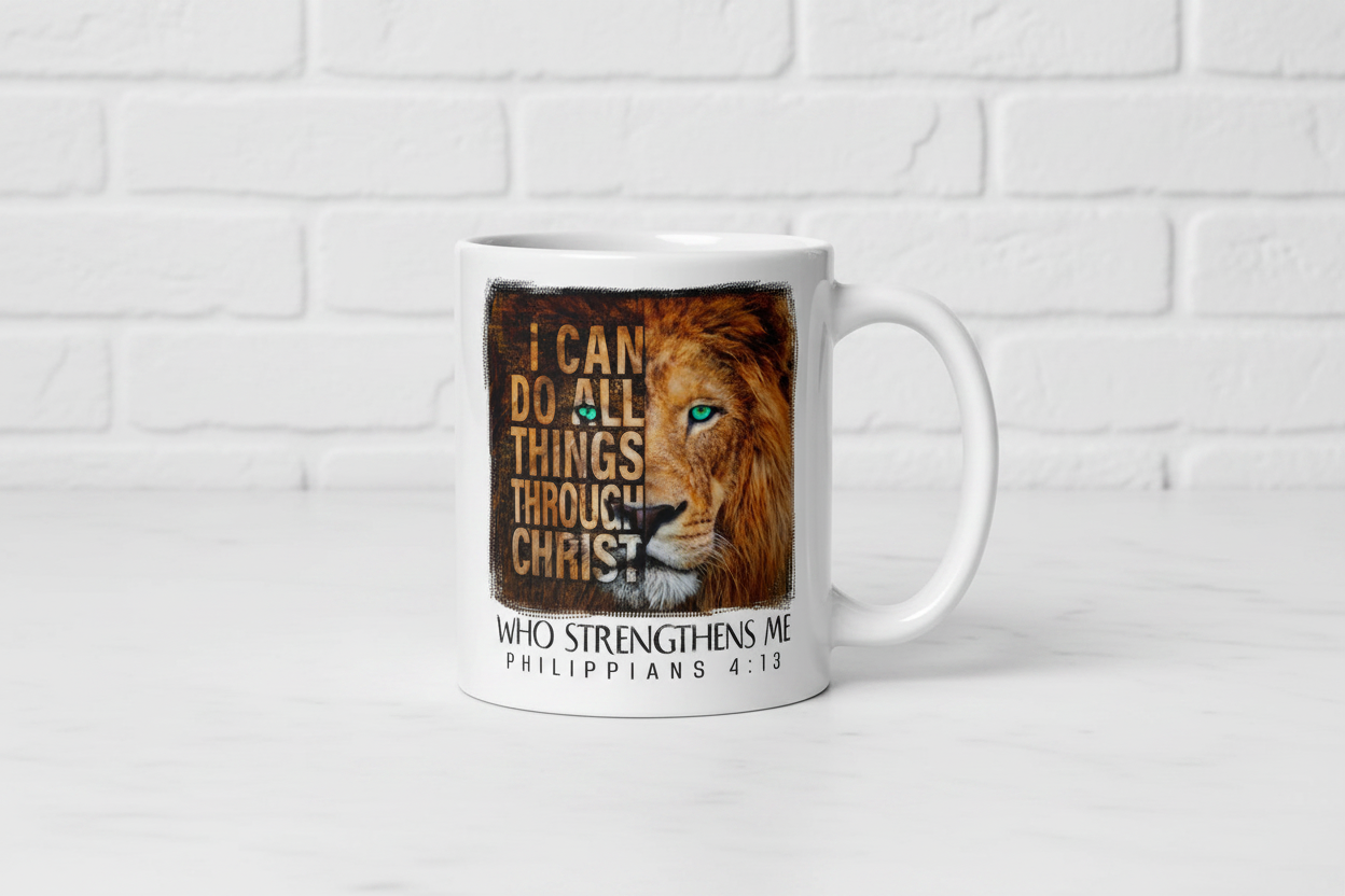 Philippians 4:13 Mug - White Brick Countertop