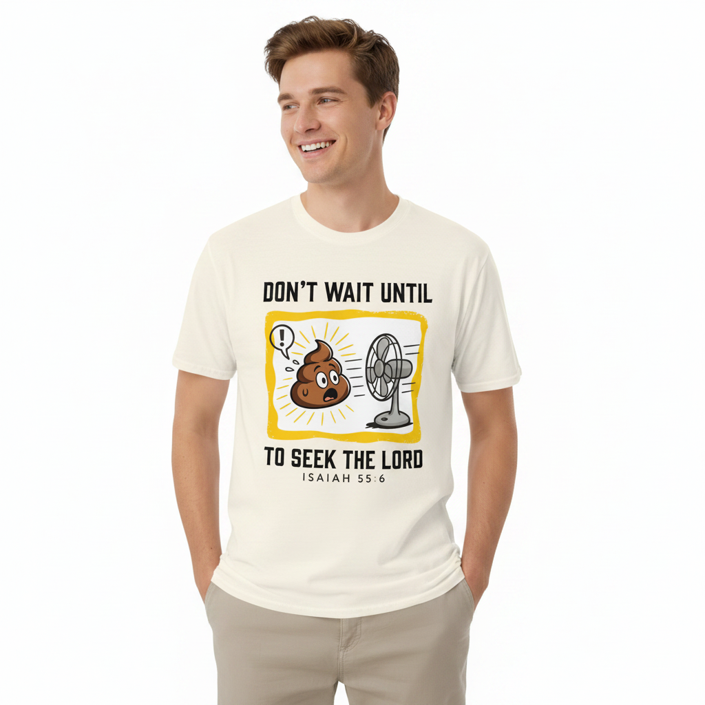 Man wearing a Natural Isaiah 55:6 funny Christian T-shirt, front view