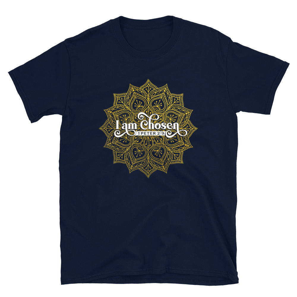 navy T-shirt with a gold mandala surrounding white I Am Chosen lettering and 1 Peter 2:9.