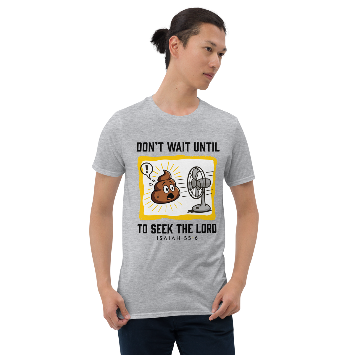 Man wearing a Sport Grey Isaiah 55:6 Christian T-shirt with the Seek the Lord design