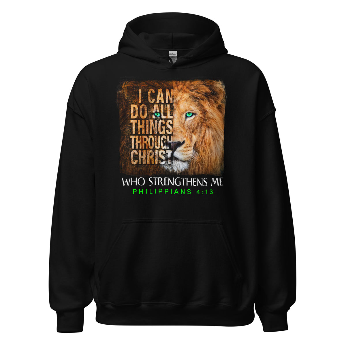Black hoodie with golden lion, green eyes, and I Can Do All Things Through Christ Philippians 4:13 design.